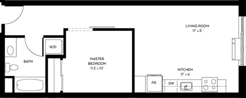 Floor plan for 1 bed, 1 bath, 597 sqft